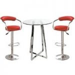 Poseur Glass Top Bar Table with 4 Zenith Red Bar Stools