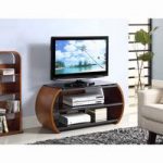 Curved LCD TV Stand In Black Glass Top And Walnut Veneer