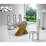 X Glass Dining Table In Clear With Oak And 6 G601 Dining Chairs