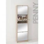 Tall Wooden Shoe Cabinet With Mirrors In Oak