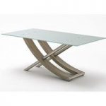 Kaleo Frosted Glass Dining Table With X Shape Oak Base 180 cm