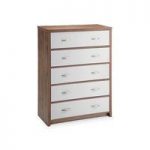 Mylan Walnut Finish 5 Drawer Chest With White Gloss Fronts