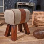 Stromboli Canvas and Brown Leather Finish Stool With Wooden Legs