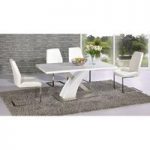 Mario Dining Table In White Glass Top With 4 White Dining Chairs