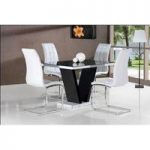 Clara Dining Table In Black Glass Top With 4 White Dining Chairs