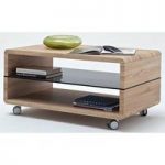 Franca Coffee Table In Oak With Grey Glass Shelf And Wheels