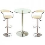 Gino Bistro Table In Clear Glass With 2 Zenith Cream Bar Stools