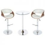 Corina Glass Bistro Set in Clear With White And Walnut Stools