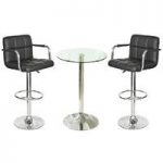 Gino Bistro Table In Clear Glass With 2 Black Glenn Bar Stools