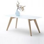Corby Glass Dining Table In White Gloss With Beech Legs
