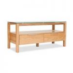 Tribe Wooden TV Stand In Clear Glass Top With Solid White Oak