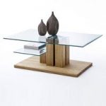 Canell Glass Coffee Table In Clear With Knotty Oak Base