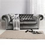 Farina 3 Seater Sofa In Dark Grey Velvet Fabric With Wooden Legs
