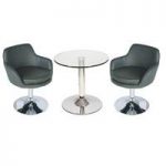Belize Glass Bistro Table In Clear And 2 Grey Bucketeer Chairs
