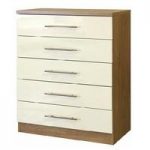 Kevin Wooden 5 Drawers Chest In Cream High Gloss Fronts