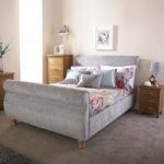 Larson Sleigh Bed In Chenille Fabric With Wooden Legs