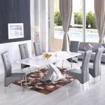 Axara Extendable Dining Table In White With 6 Vesta Grey Chairs
