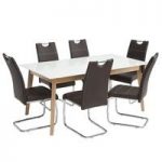 Cosmo Glass Dining Table In White With 6 Jake Brown Chairs