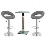 Spice Bar Table In Clear Glass And 2 Leoni Grey Bar Stools