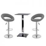 Spice Bar Table In Black Glass And 2 Leoni Grey Bar Stools