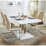 Palzo Dining Table In White Gloss With 4 Marine Beige Chairs