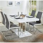 Palzo Dining Table In White Gloss With 4 Marine Grey Chairs