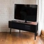 Norvik Corner TV Stand In Walnut And Black Gloss With Glass Door