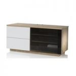 Damon Modern TV Stand In Oak With Glass And White Gloss Doors