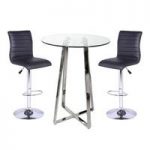 Poseur Bar Table In Clear Glass With 2 Ripple Black Bar Stools
