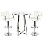 Poseur Bar Table In Clear Glass With 2 White Glenn Bar Stools
