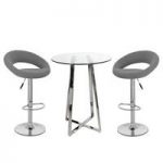Poseur Bar Table In Clear Glass With 2 Leoni Grey Bar Stools