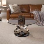 Carmela Glass Coffee Table In Smoke With Satin And Nickel Base