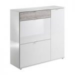 Portino Wide Shoe Cabinet In White High Gloss And Sand Oak