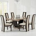 Allie Marble Dining Set In Brown With 6 Cream Chairs
