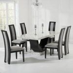 Allie Marble Dining Set In Cream And Black With 6 Grey Chairs