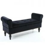 Royce Ottoman Storage Chaise In Black Velvet With Wooden Legs