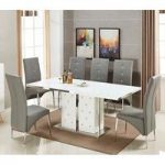 Levo Glass Dining Table In White PU With 6 Vesta Grey Chairs