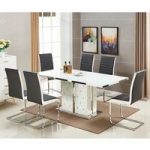 Levo Glass Dining Table In White PU And 6 Symphony Black Chairs