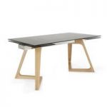 Abena Extendable Glass Dining Table In Smoked With Oak Legs